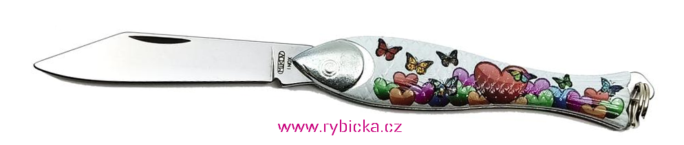 Zdobený nůž Rybička motiv LÁSKA 130-NZN-1 v plechové dárkové krabičce
